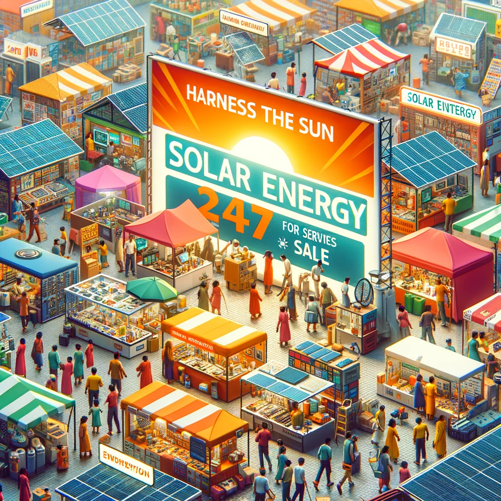A bustling outdoor market with stalls showcasing solar energy products and services, with people of diverse backgrounds actively engaging and learning about solar technology.