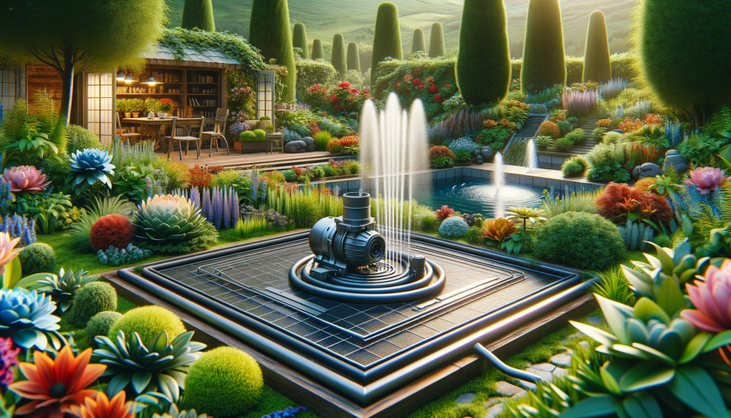 Little Giant pumps in a lush garden setting, featuring efficient irrigation and a decorative water feature.